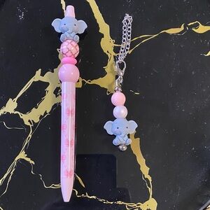 Cute Pink Elephant Pen and Keychain Set